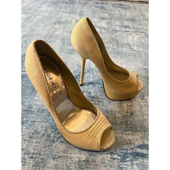 Bebe Yellow Tan Metallic Gold Canvas Platform Peeptoe Stilettos 8.5 - Picture 1 of 12